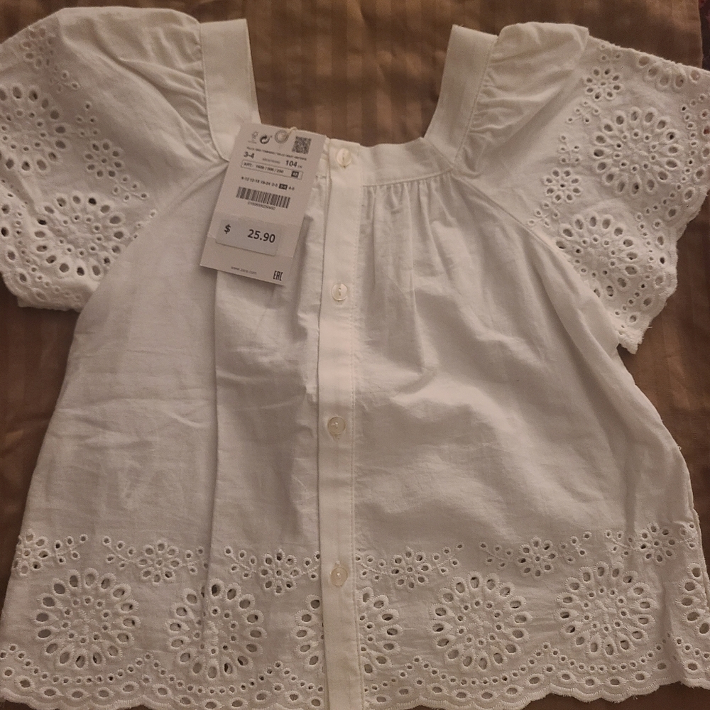 Zara Kids White Cotton Embroidered Top